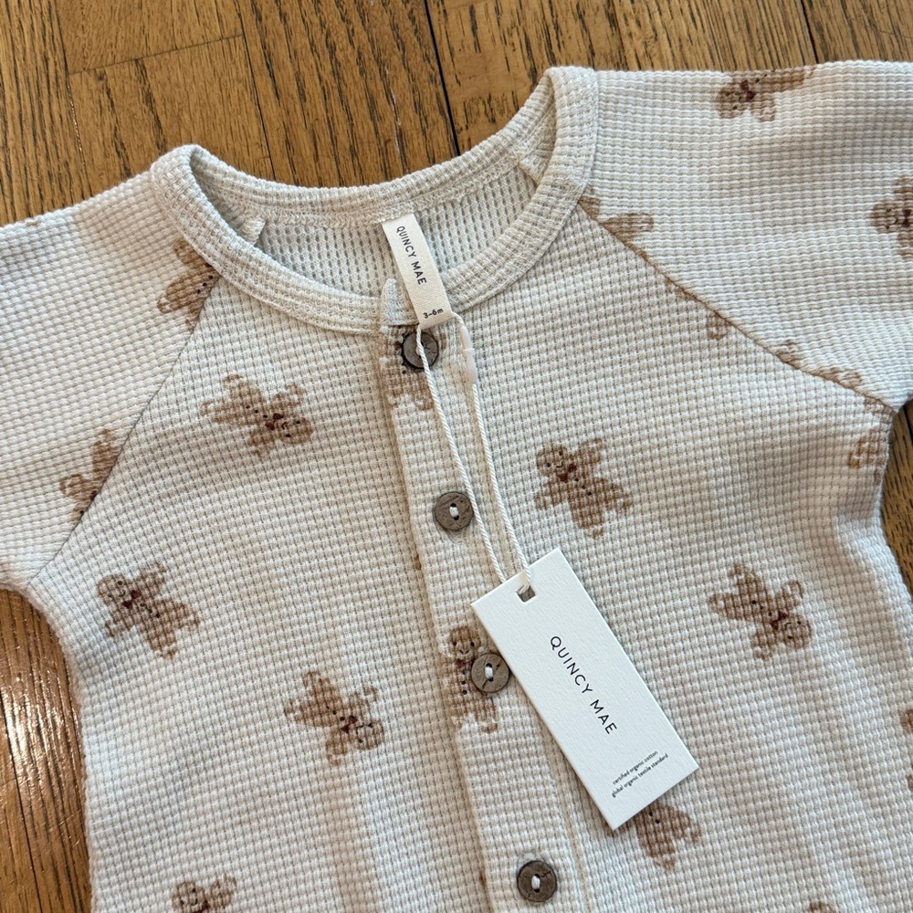 NWT Quincy Mae Waffle Long Sleeve Cream Jumpsuit with Gingerbread Sz 3-6 months - Picture 5 of 5